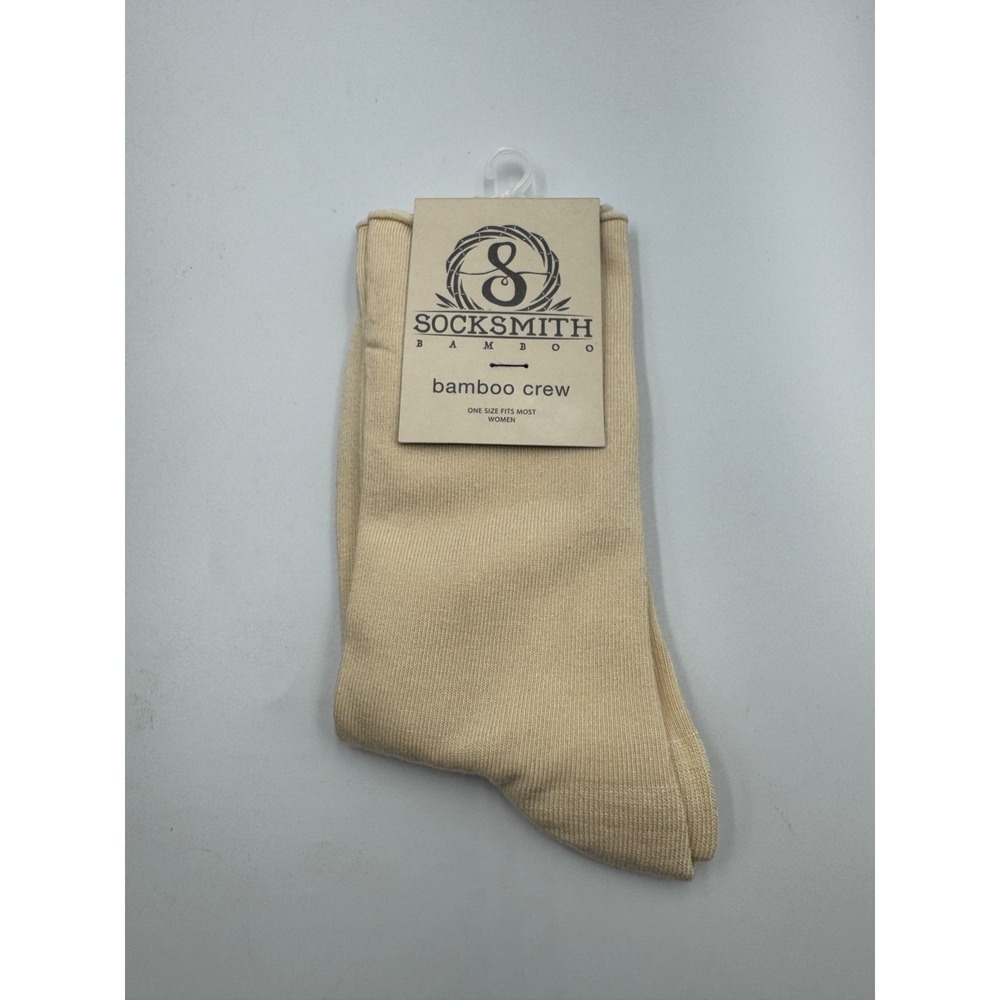 Socksmith Bamboo Crew Socks Womens 9-11 Beige Solid Roll-Top Seamless Toe Active